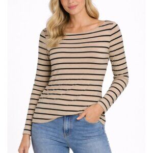 Halogen Women’s Beige & Black Striped Ribbed Long Sleeve Top, size medium